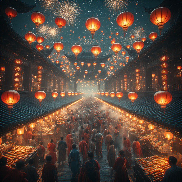 Night market scene in a historic Chinese city with red lanterns, crowds, and fireworks at dusk