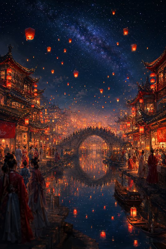 Night scene of a lantern-lit ancient Chinese water town with a stone arched bridge and reflections