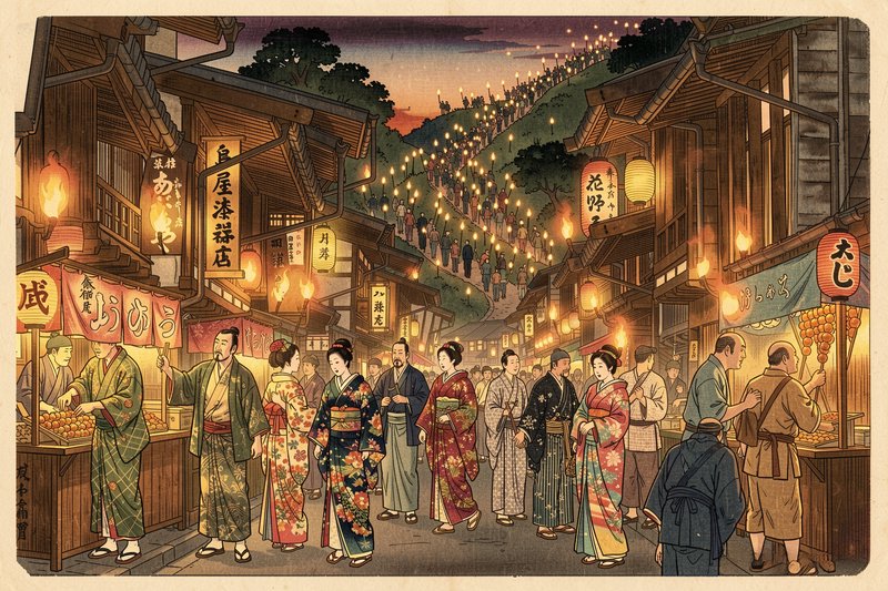 Traditional Japanese street festival at night with lanterns and kimono-clad shoppers.
