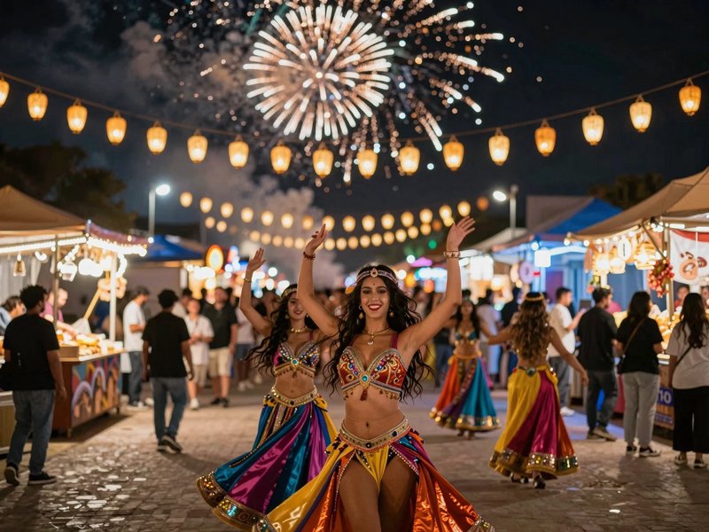 Colorful belly dancers perform at a night market festival with fireworks and string lights.