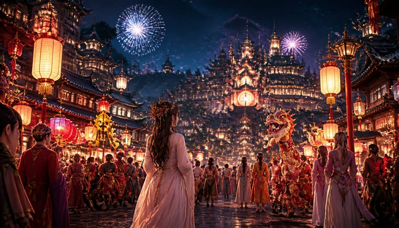 Night festival in an ornate Asian city with lanterns, fireworks, and crowds in traditional dresses.