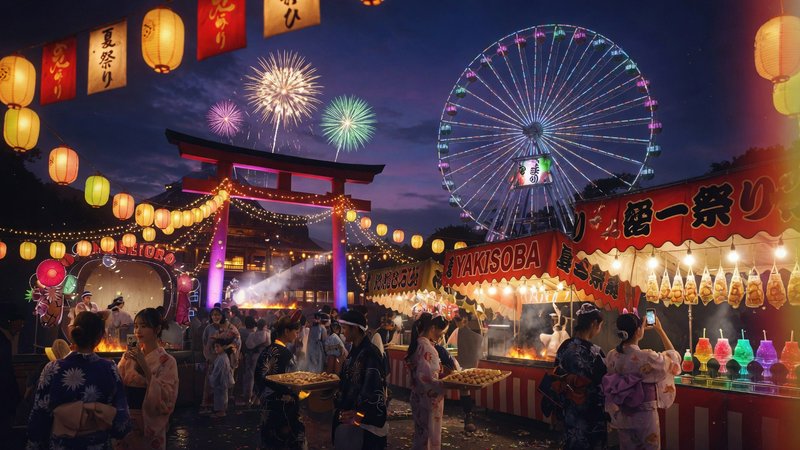 Night festival scene with lanterns, a torii gate, food stalls, and a brightly lit Ferris wheel at...