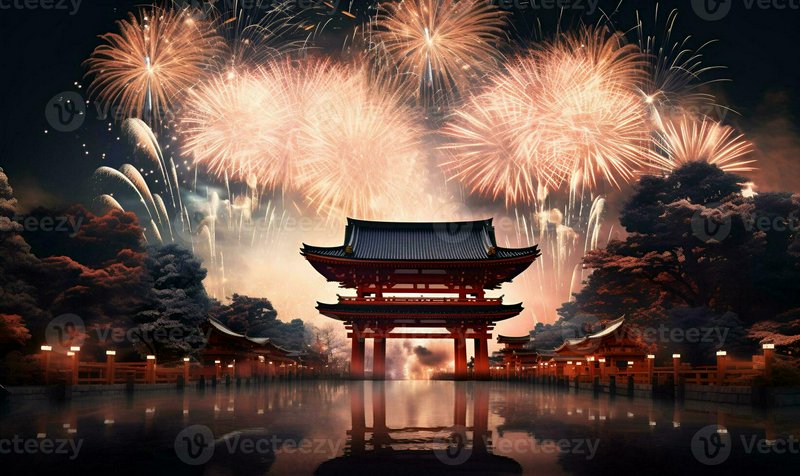 Fireworks explode above a traditional Japanese torii gate by a reflective lake at night.