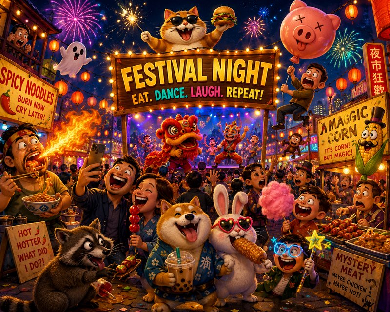 Colorful festival night scene with dancing characters, food stalls, and a bright "Festival Night"...