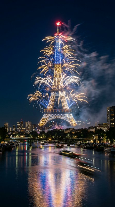 Nighttime view of the Eiffel Tower with colorful fireworks exploding around it over the Seine.
