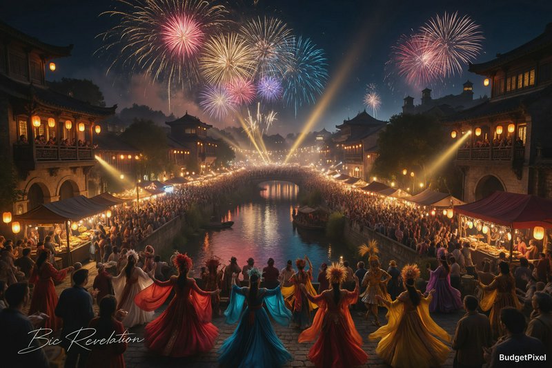 Night festival with colorful fireworks over a canal, dancers in flowing dresses on a stone bridge.