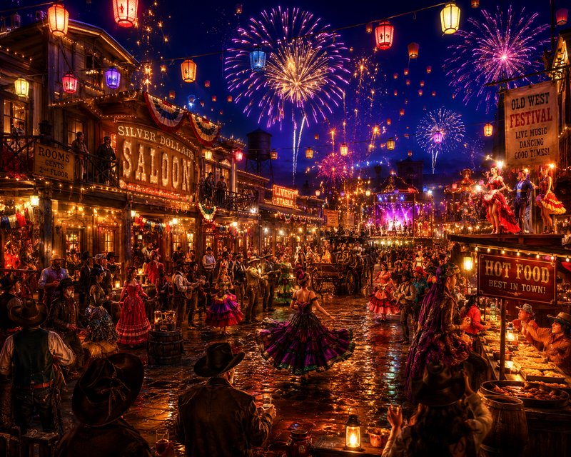 Vibrant Old West festival street at night with fireworks, lanterns, dancers in colorful dresses, ...