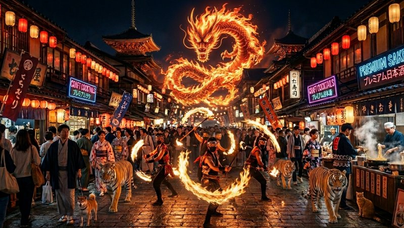 Fire-dancing performers form a glowing dragon loop in a vibrant Japanese street festival at night.