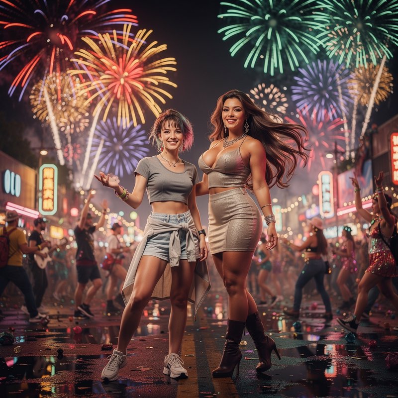 Two stylish women posing on a neon-lit street during a fireworks-filled night festival.