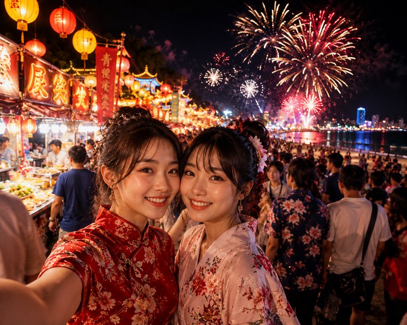 Two women in qipao smiling at night festival with lanterns and fireworks.