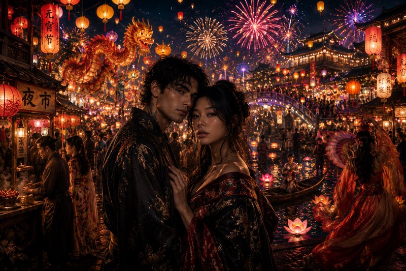 Romantic couple in ornate traditional dress at a lantern-lit night market festival with fireworks.