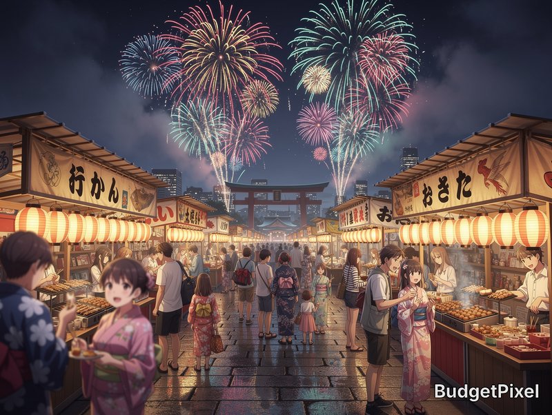 Night festival scene with colorful fireworks over a Japanese street market and yukata-clad visitors.