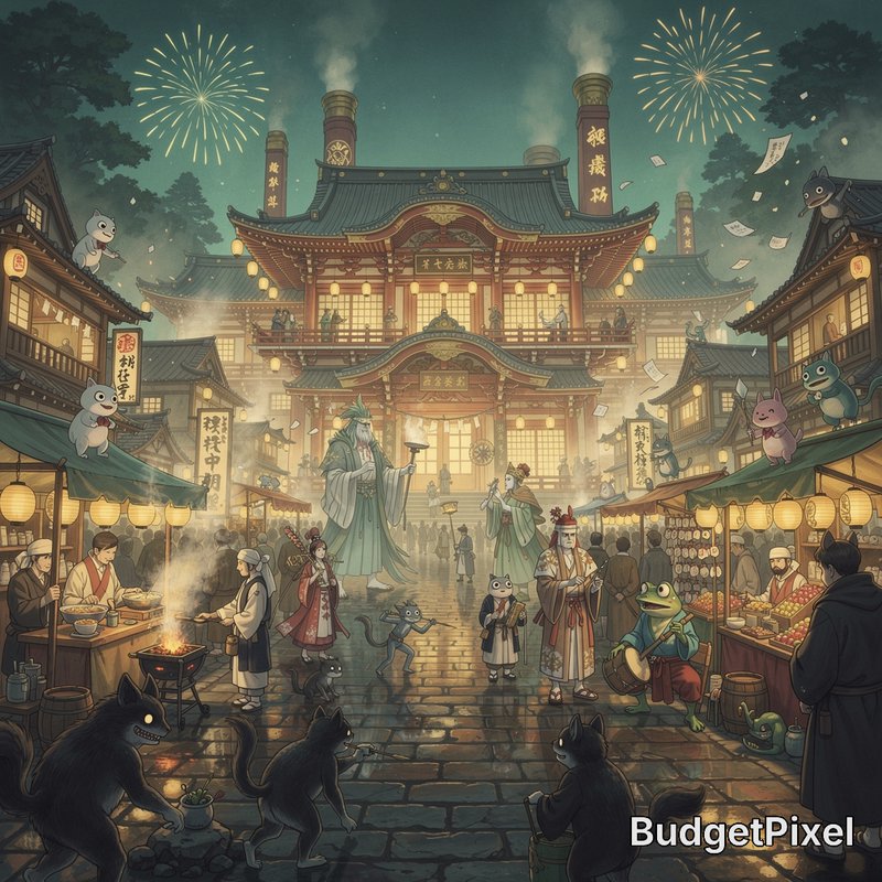 Colorful festival street in an ancient Japanese town with lanterns, fireworks, and fantasy creatu...