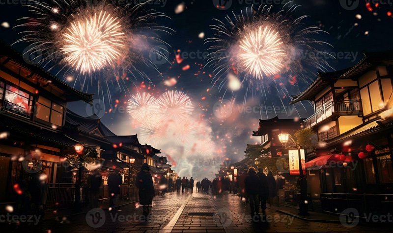 Fireworks explode above a lantern-lit traditional Asian street with silhouetted people.