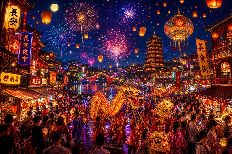 Colorful Chinese lantern festival with dragon dance on a canal at night
