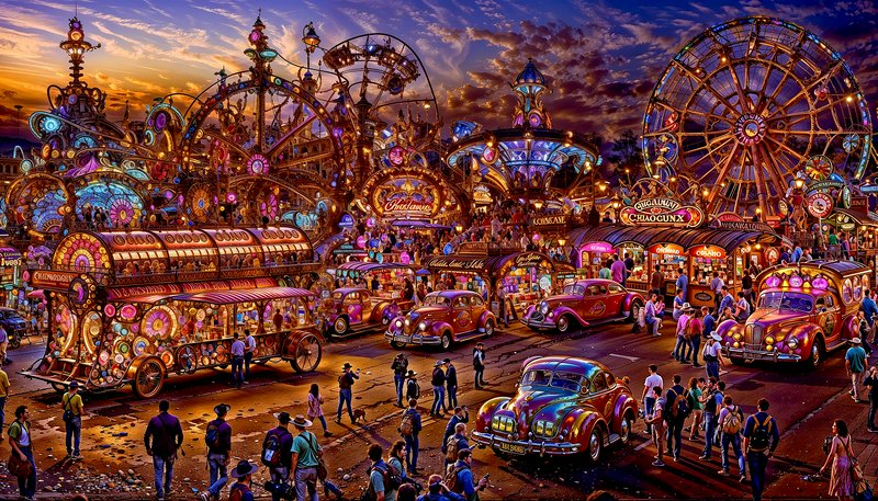 Vibrant carnival scene with vintage cars, colorful rides, and a Ferris wheel at sunset.