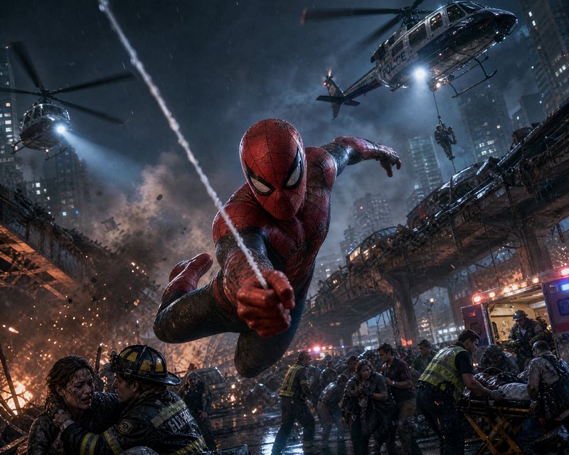 Spider-Man swinging through a chaotic night-city scene with helicopters and firefighters below.