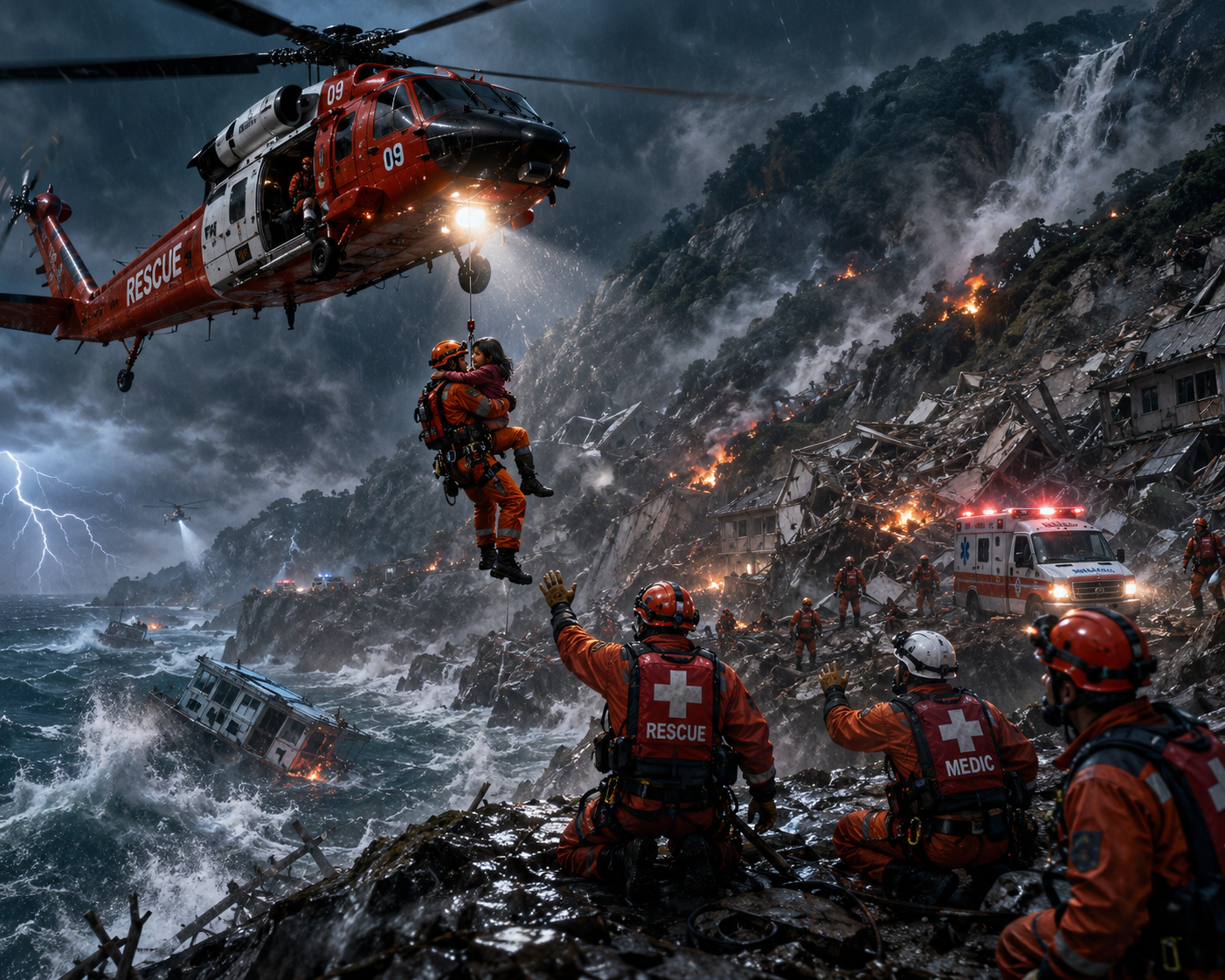 Red rescue helicopter hoists a climber over a stormy rocky coastline at night.