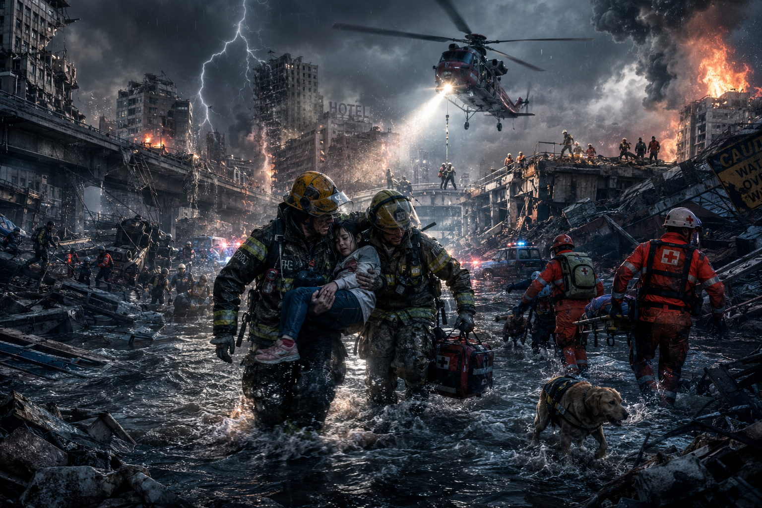 Firefighters carry a child through floodlit rubble as a helicopter hovers above a destroyed city.
