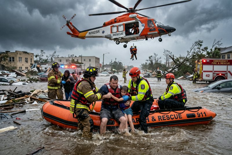 Rescue workers evacuate civilians onto an orange inflatable boat during a flood with a hovering h...
