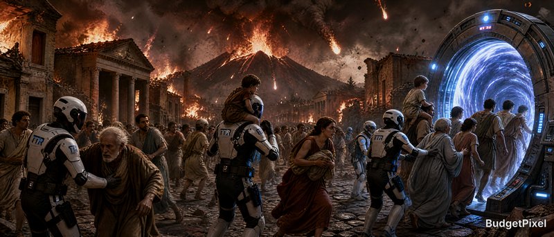 Chaos in ancient city ruins with fire, crowds, and a glowing sci-fi portal on the right.