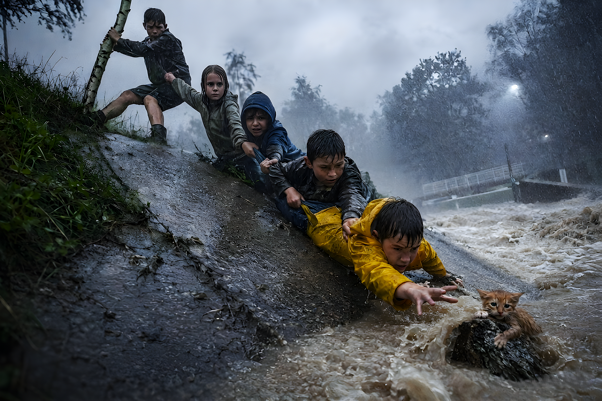 Group of children on a muddy slope rescuing a soaked cat from rushing floodwaters.