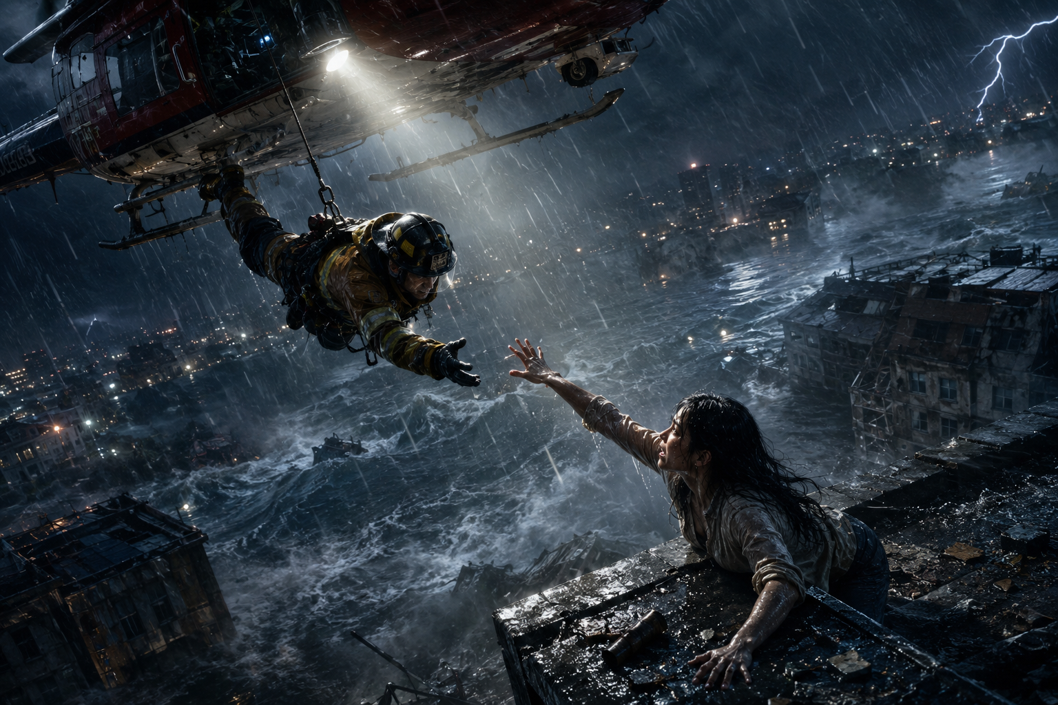 Rescuer extends hand to woman hanging from a rooftop during a stormy helicopter rescue over a flooded city.