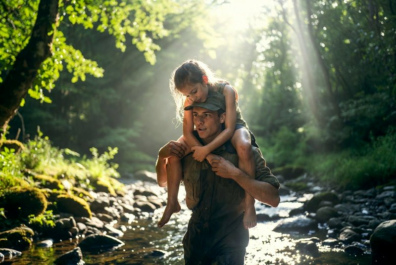 Father carrying child on his shoulders through a sunlit forest by a rocky stream.