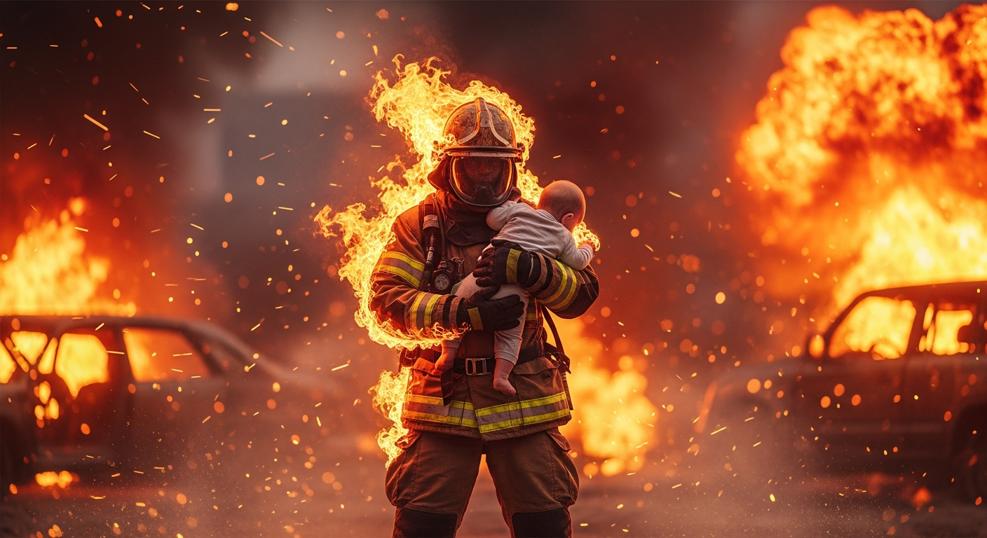 Firefighter in full gear cradling a baby amid intense flames and burning cars.