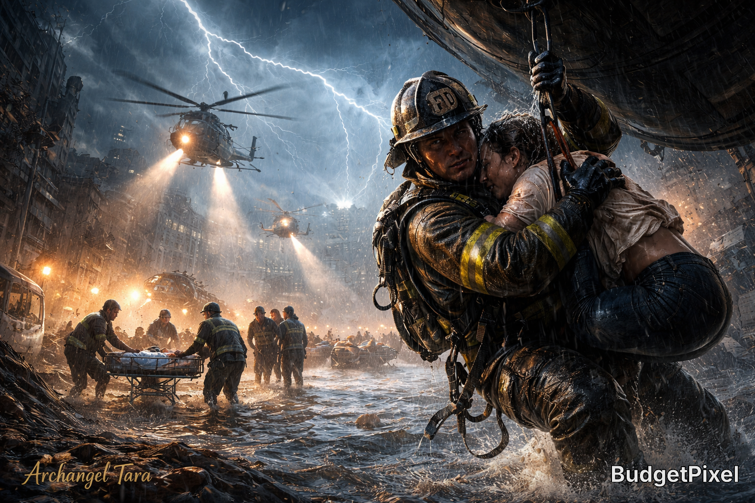 Firefighters rescue a woman from an urban flood as helicopters illuminate the stormy night.