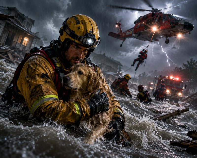 Firefighter in yellow gear holding a wet dog amid floodwaters with a rescue helicopter in a storm...