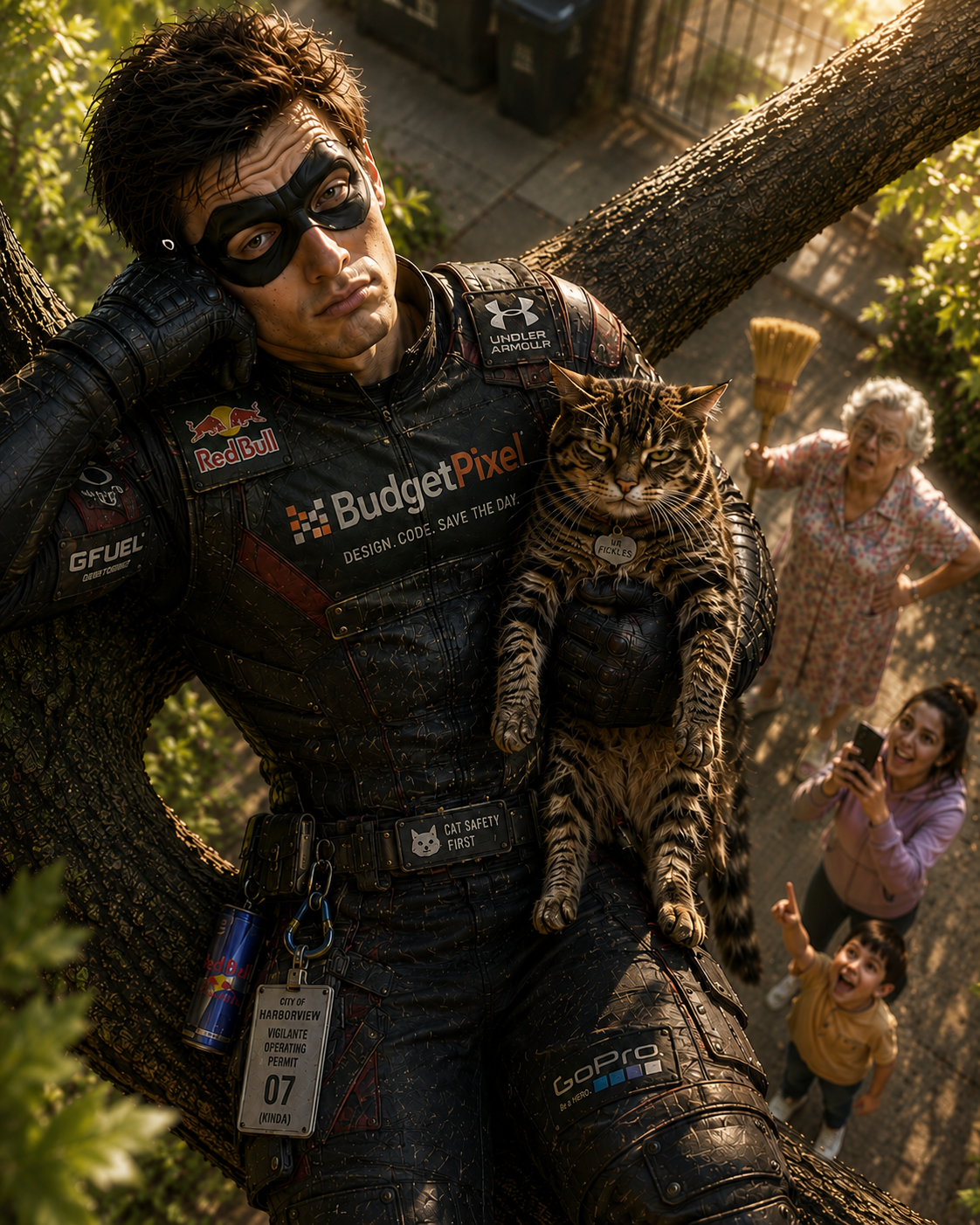 Man in a black superhero cosplay holding a cat while lounging on a tree branch.