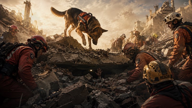 Rescue dog leaps across rubble as firefighters search a collapsed building in a dramatic disaster...