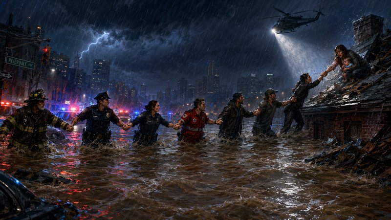 Nighttime urban flood rescue with responders forming a human chain through deep water toward a ru...