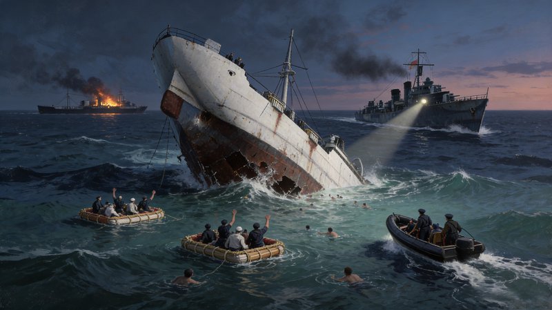 Sinking ocean liner at night with lifeboats and rescue boats nearby as a warship scans with a spo...
