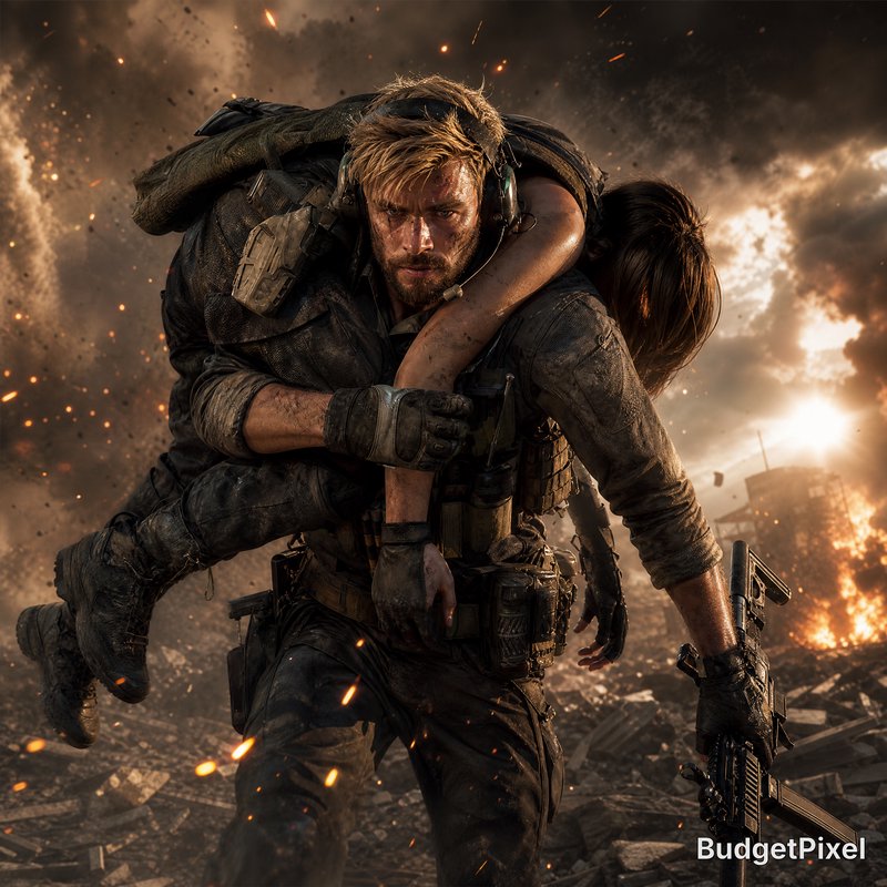 Intense war scene with a rugged soldier carrying a wounded comrade amid explosions.