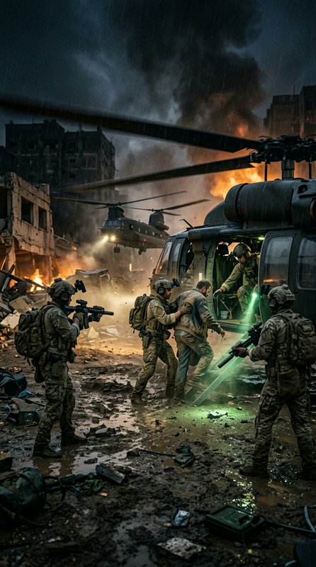 Military clash in a burning urban war zone with helicopters, soldiers, and smoke at night.