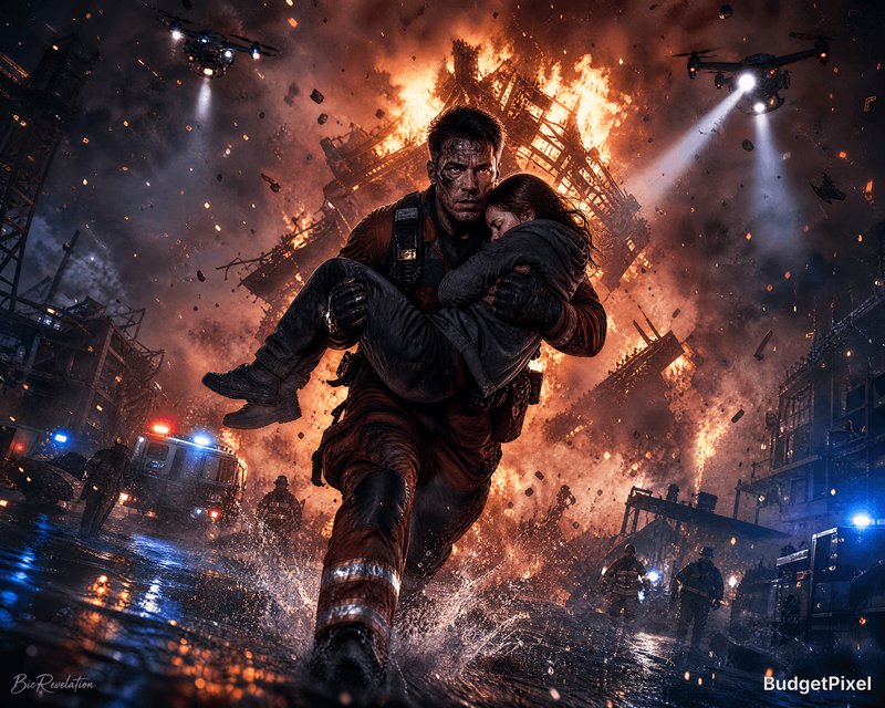 Firefighter carrying a woman through a blazing, chaotic disaster scene at night.