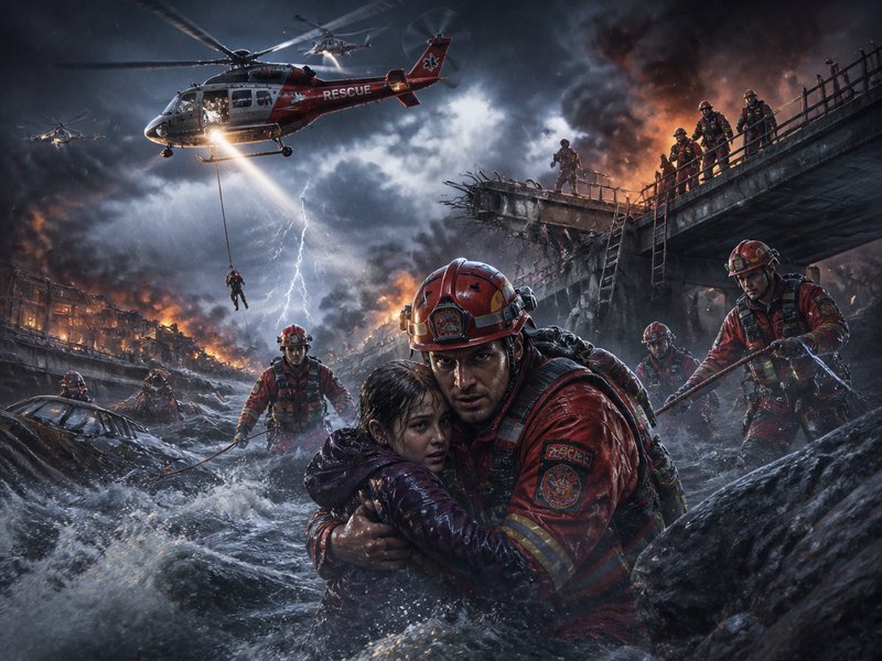 Firefighters rescue a child clinging to an adult amid a stormy sea with a rescue helicopter overh...
