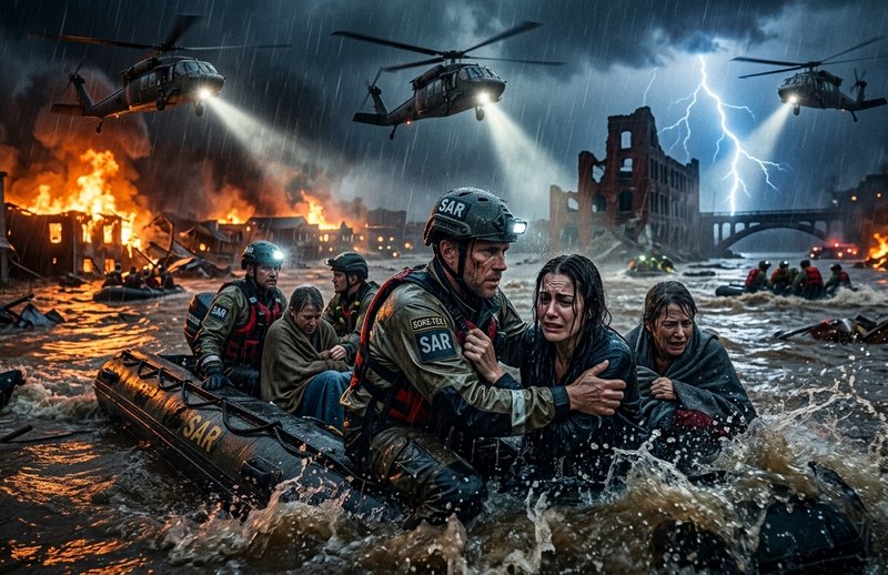 SAR rescue team in a rubber boat amid floodwaters, fires, helicopters, and lightning in a ruined ...