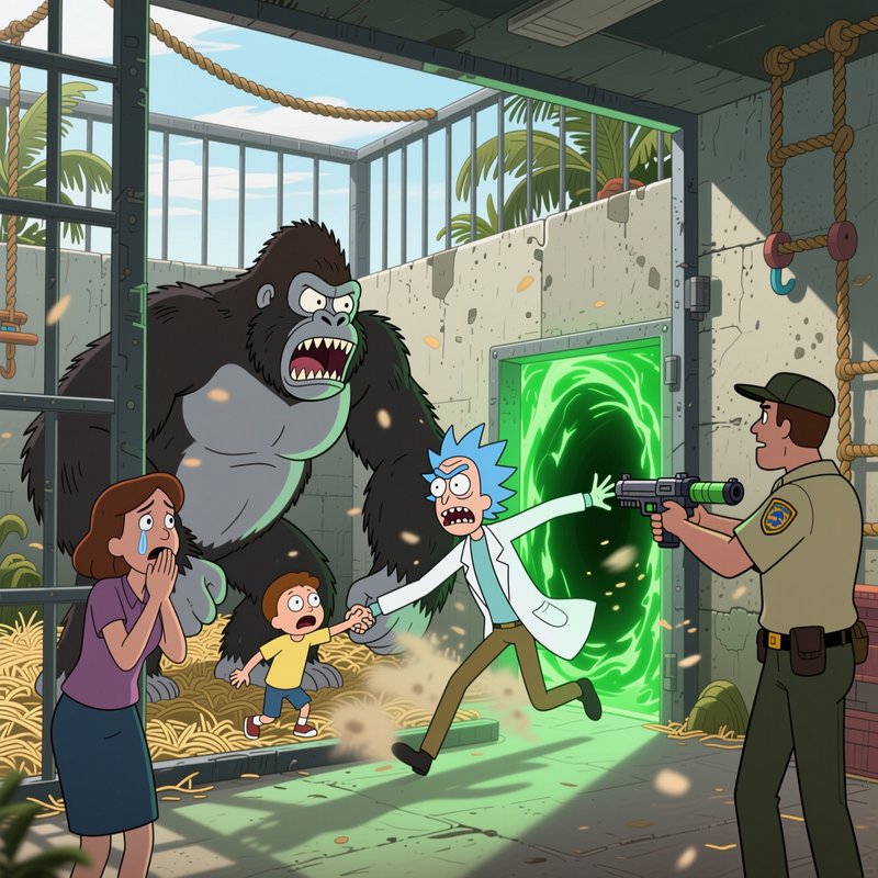 Cartoon gorilla escapes its cage as Rick Sanchez runs through a glowing green portal, while a she...
