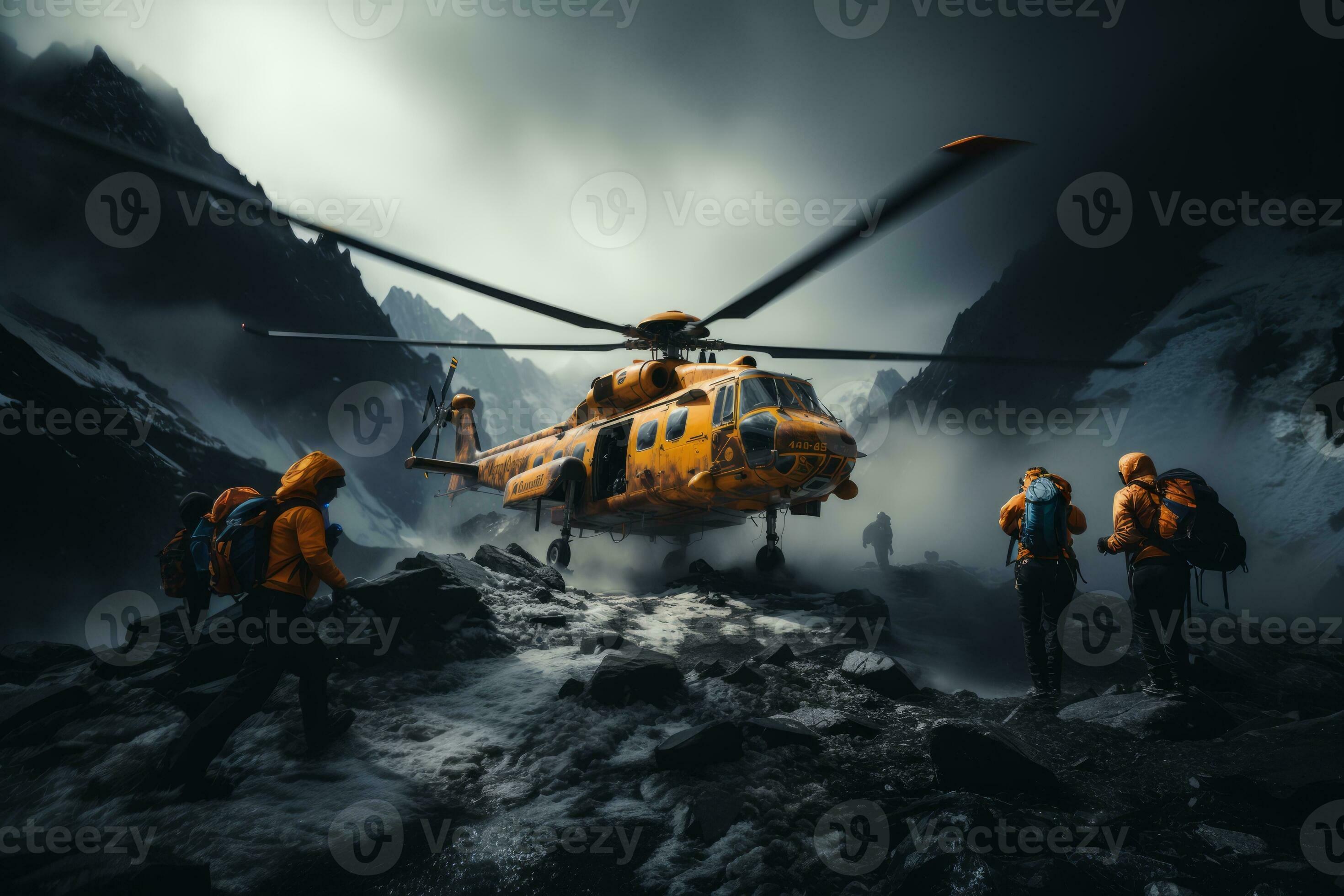 Yellow rescue helicopter lands on rugged, snowy alpine ridge as climbers in orange jackets approach.