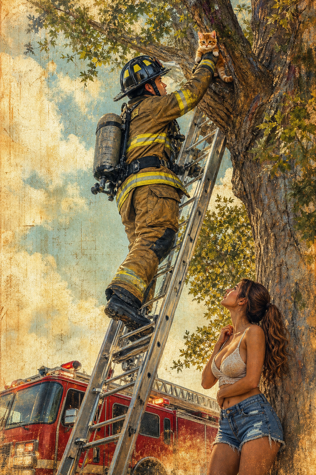 Firefighter rescues a cat from a tree using a ladder beside a red fire truck.