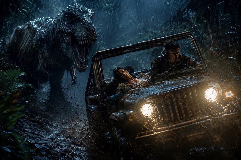 Jeep with two passengers driving through a muddy, rain-soaked jungle as a roaring T-Rex looms behind.