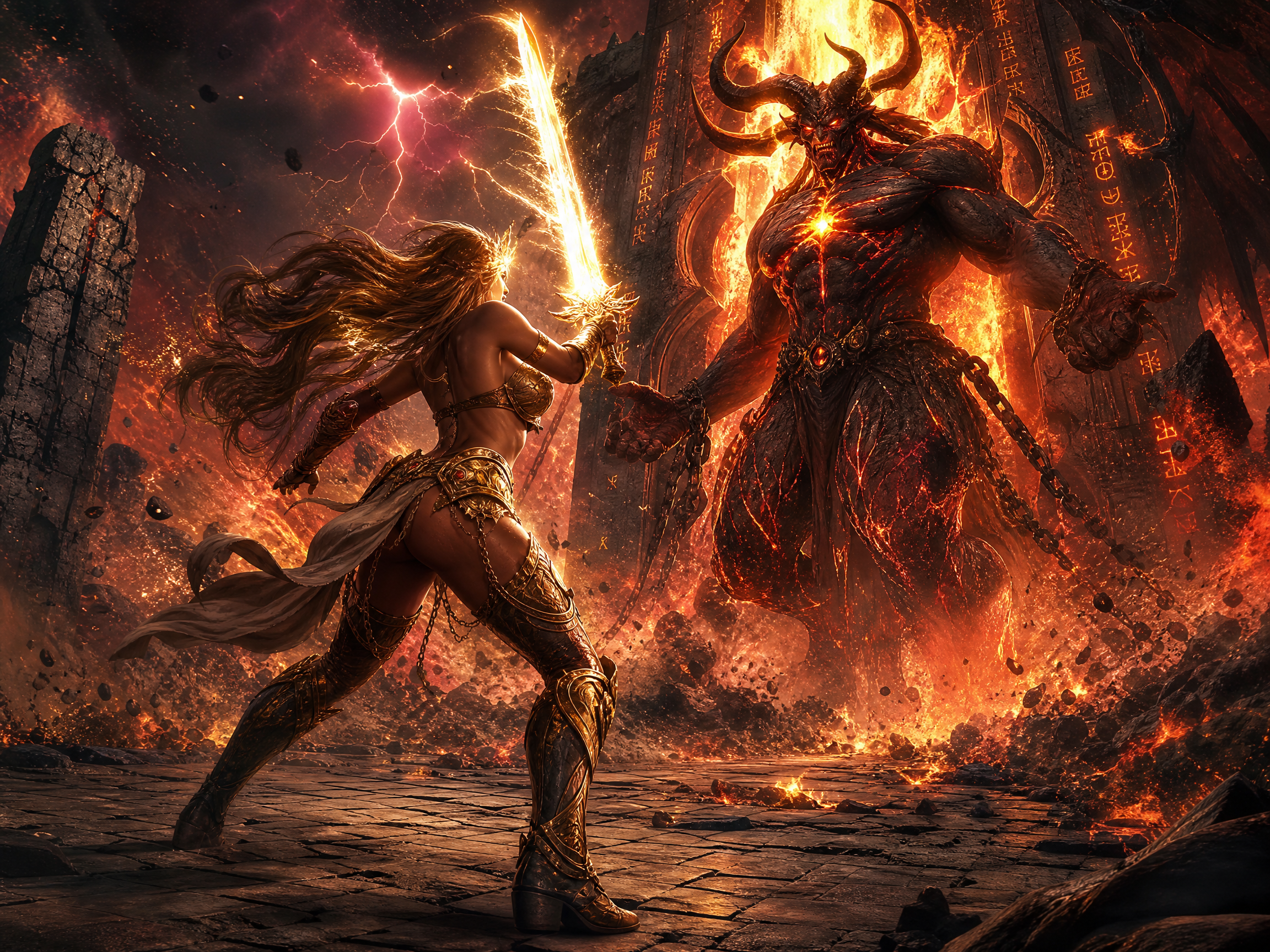 Female warrior with glowing sword facing a fiery demon lord in a lava-lit ruin.