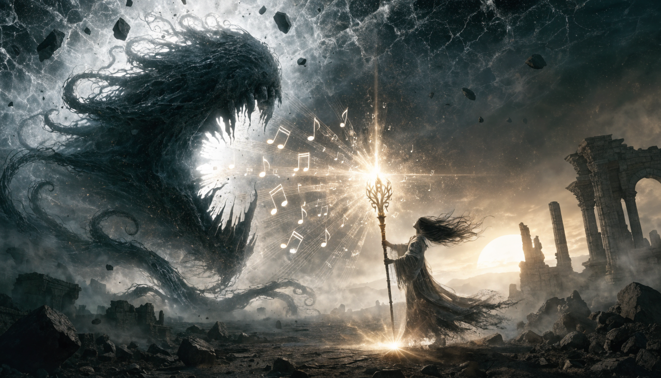 A sorceress with a glowing staff faces a colossal tentacled monster in a ruined, smoky fantasy landscape.