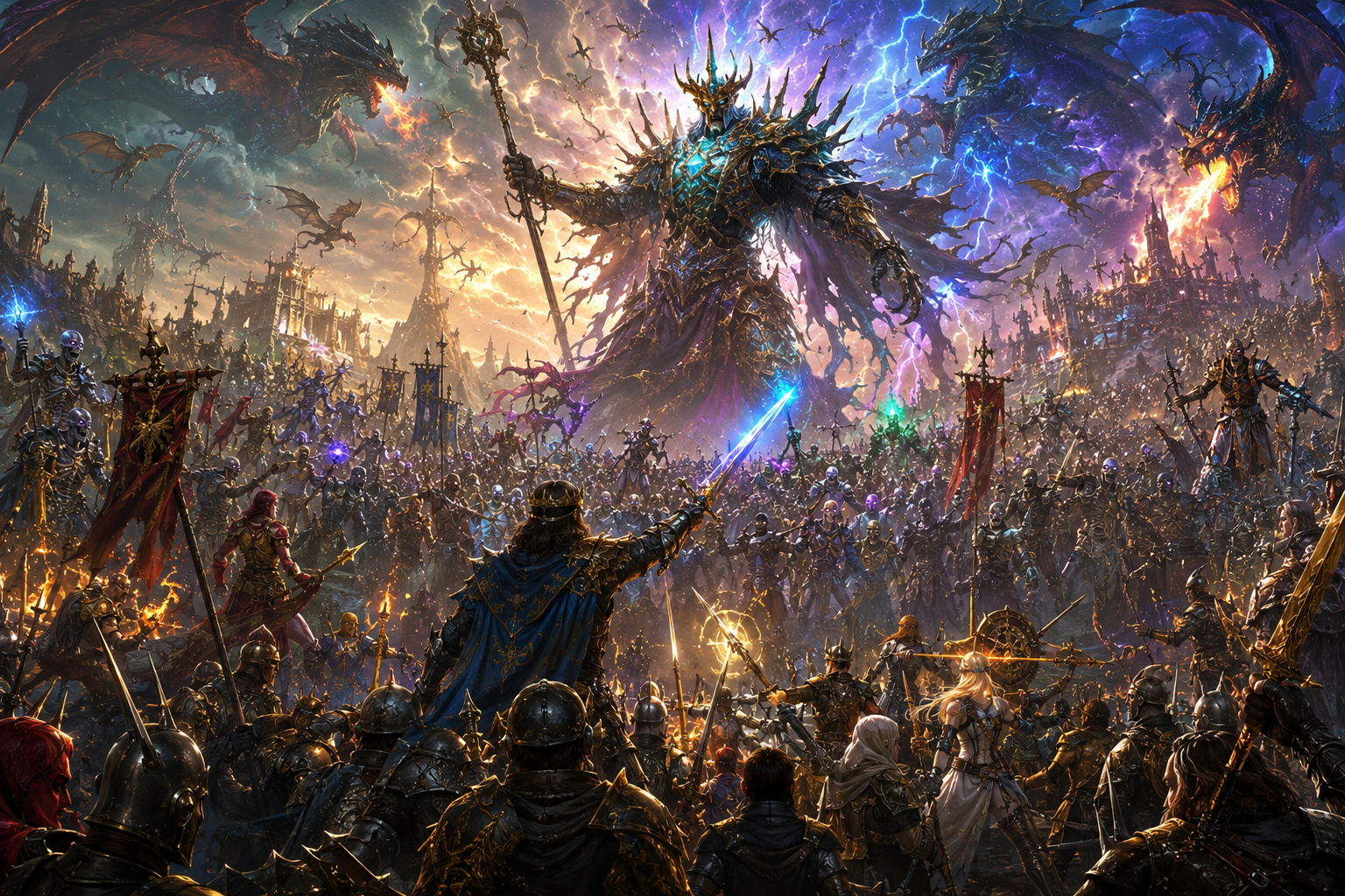 Epic fantasy battle scene with a towering armored warlord leading a massive army.