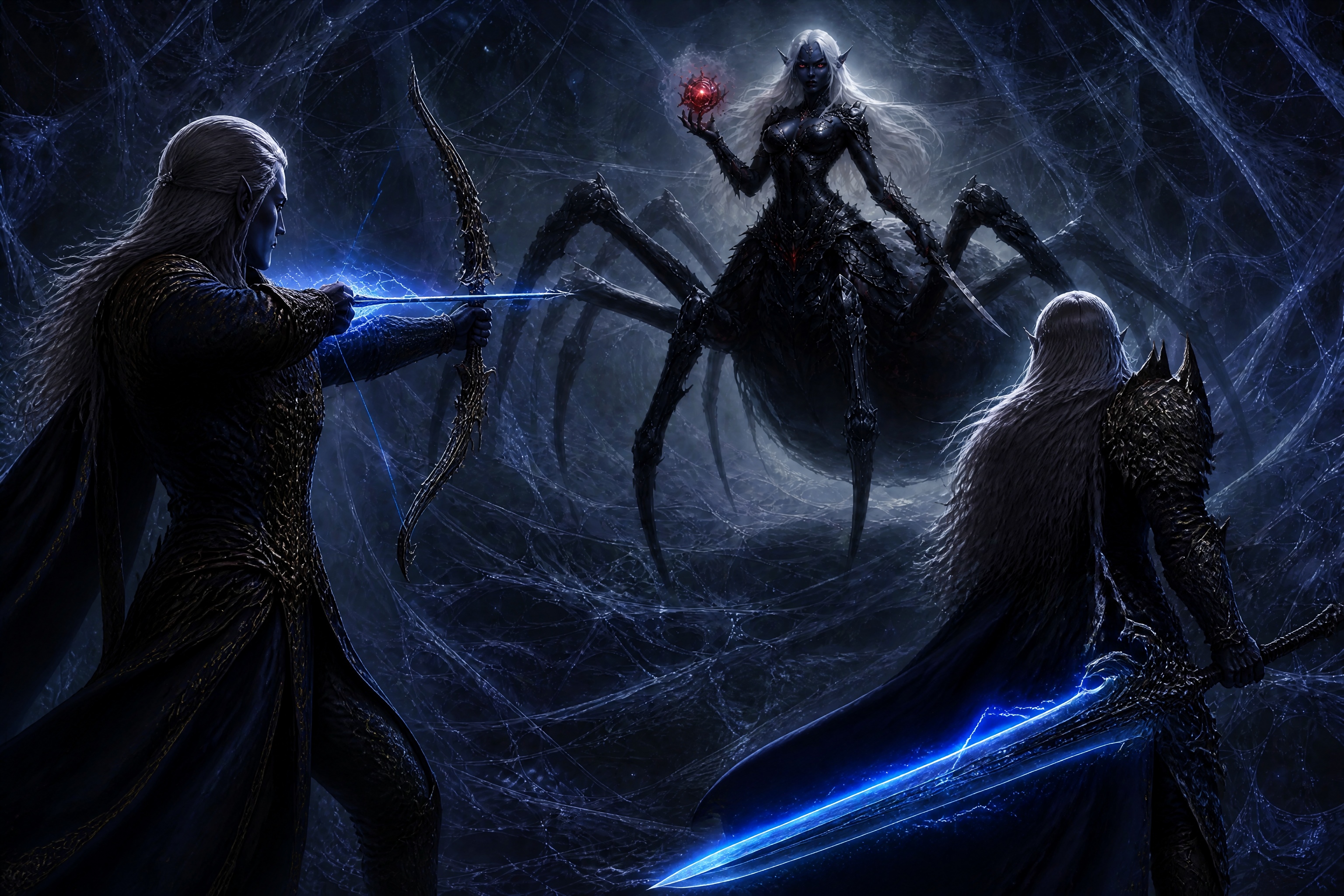 Dark fantasy duel: two armored warriors with blue energy swords face a giant spider-like queen in a web-filled cavern.