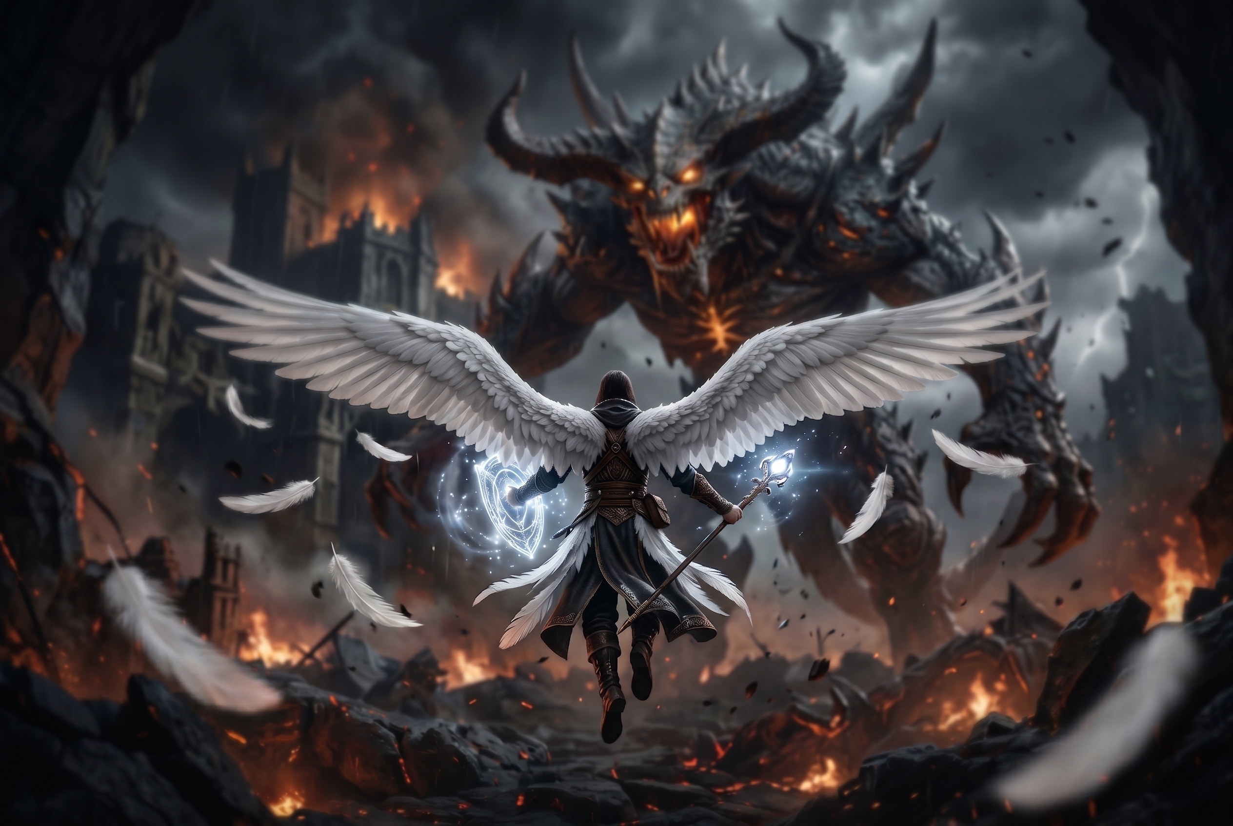 Angelic warrior with white wings confronts towering demonic beast amid a fiery ruined battlefield
