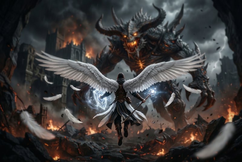 Angelic warrior with white wings confronts towering demonic beast amid a fiery ruined battlefield